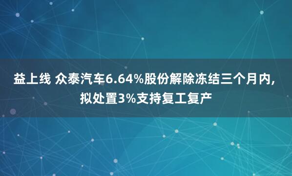 益上线 众泰汽车6.64%股份解除冻结三个月内, 拟处置3%支持复工复产